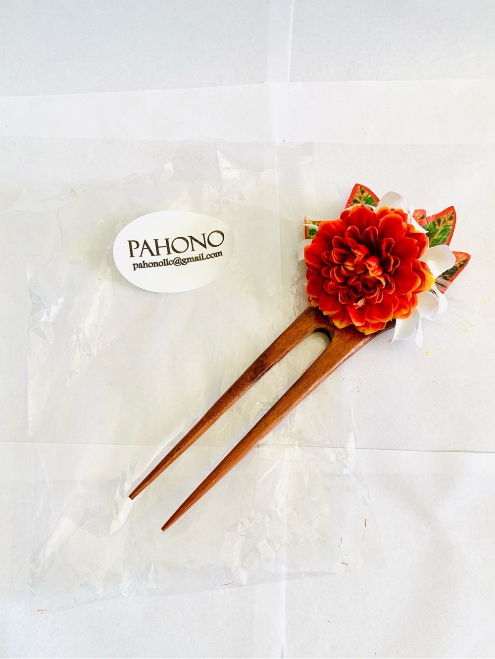 Hawaiian Floral Hair Stick 🌺 Red Flower Kanzashi Wood 8” Hula Luau New Unused - Picture 5 of 5